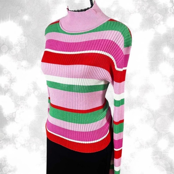 Y2K 90s Aesthetic Barbiecore Long Sleeve Turtle Neck Striped Top - Picture 2 of 7